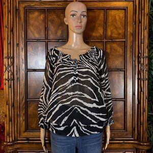 Jones New York Black White Zebra Semi Sheer Smocked Waist & Neck Boho Top